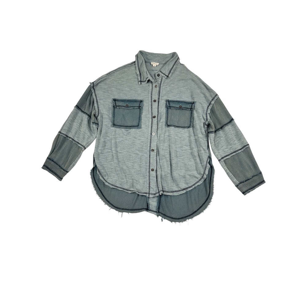POL Clothing Mixed Media Patchwork Button Down Shirt Teal‎ Blue Small - Picture 2 of 8